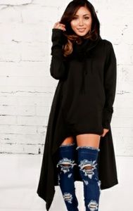Black Plain Drawstring Irregular Oversize Hoodie
